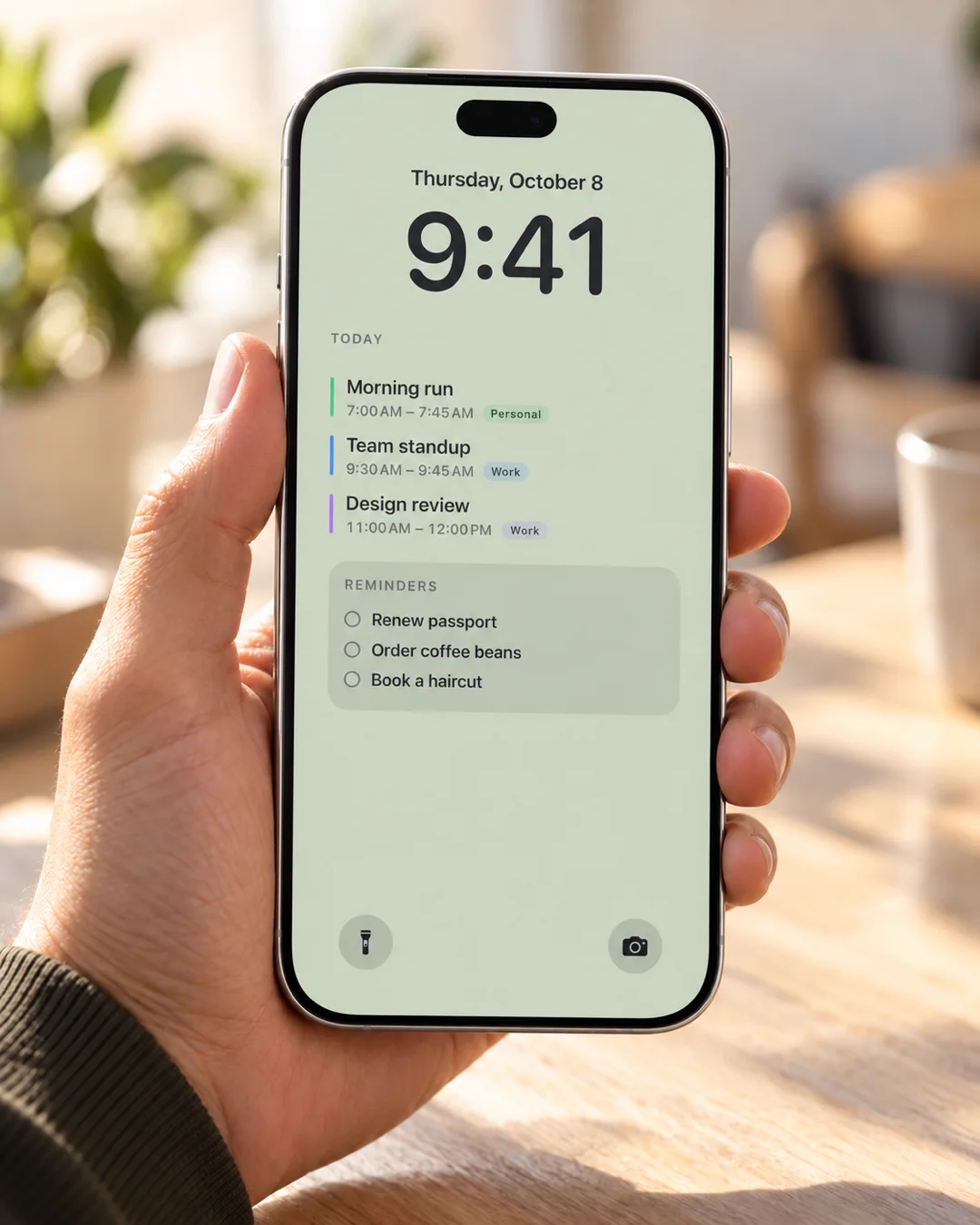 手持 iPhone，顯示 Calpaper 鼠尾草綠色桌布、行程和提醒事項。