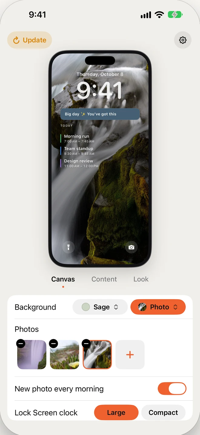 Calpaper 1.4's Canvas editor with three photos, New photo every morning turned on, and Canvas, Content and Look steps.