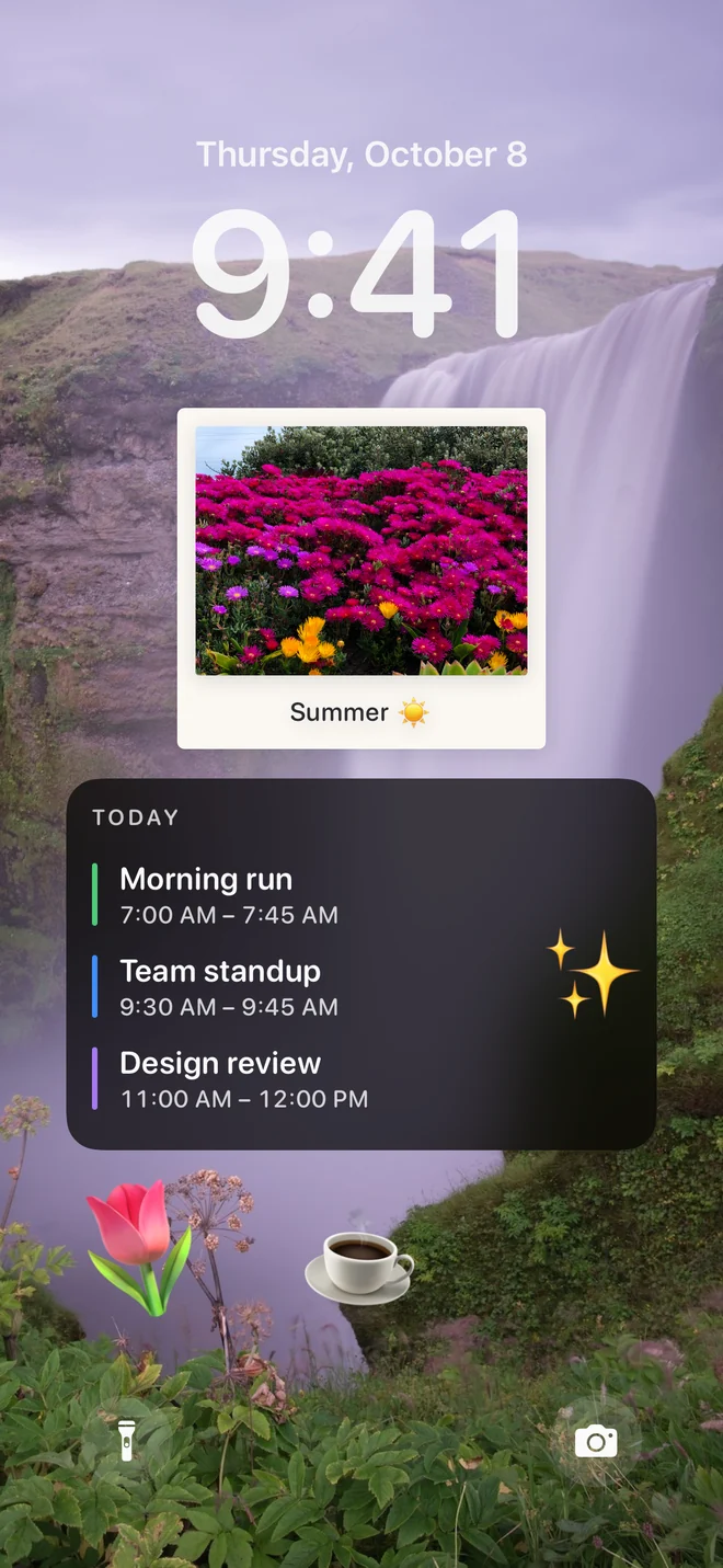 A waterfall photo wallpaper with calendar events, an instant photo and playful emoji.