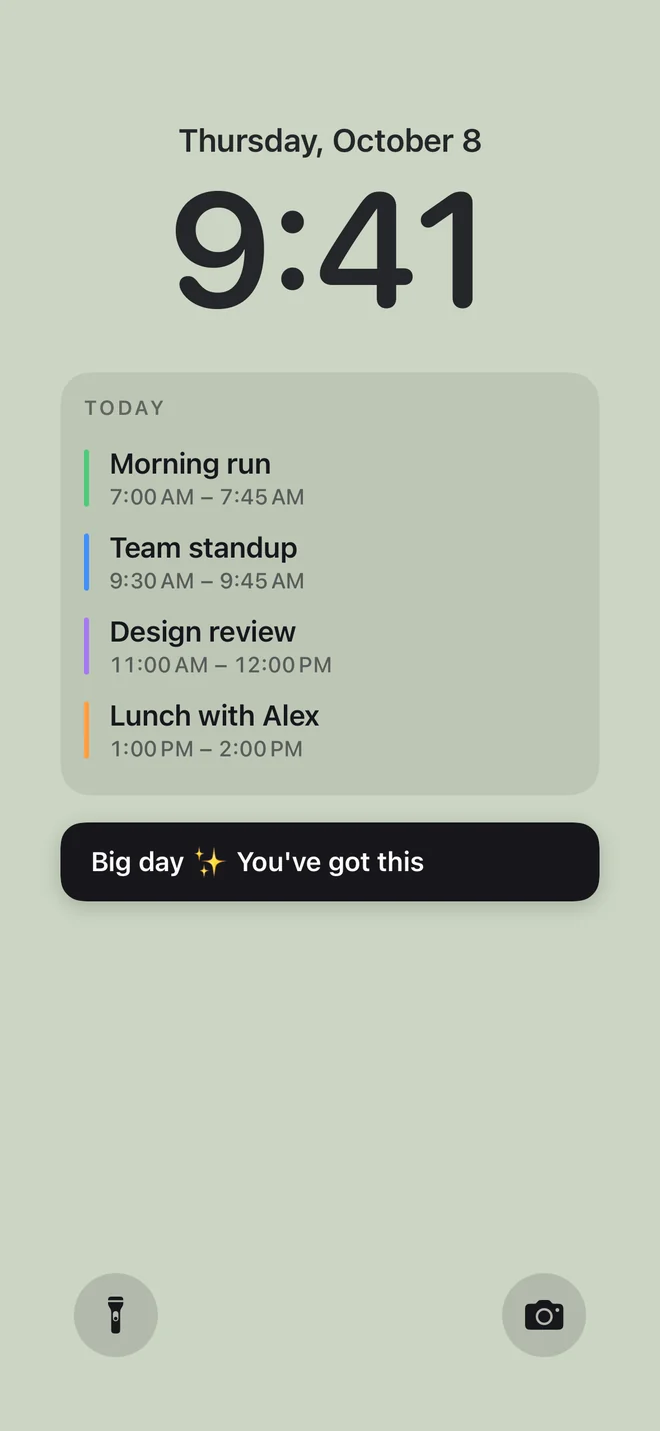 A sage green Lock Screen showing today's run, team standup, design review and lunch.